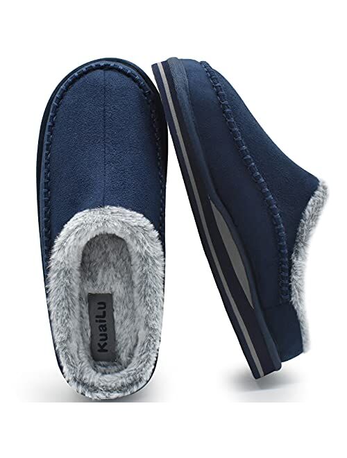 KuaiLu Mens Memory Foam Clog Slippers Comfy Handmade Stitch Microsuede Slip-on House Shoes With Arch Support Warm Faux Fur Lined Rubber Sole Indoor Outdoor