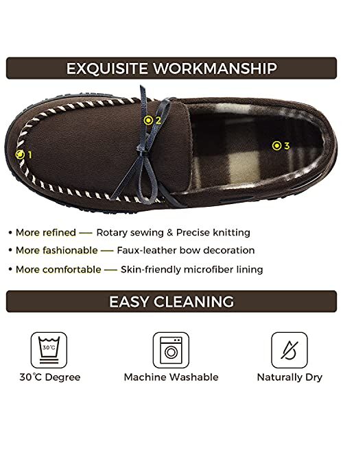 LseLom Mens Moccasin Slippers Indoor Outdoor Memory Foam Flannel Lined Cozy House Shoes With Arch Support