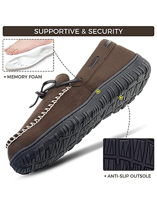 LseLom Mens Moccasin Slippers Indoor Outdoor Memory Foam Flannel Lined Cozy House Shoes With Arch Support