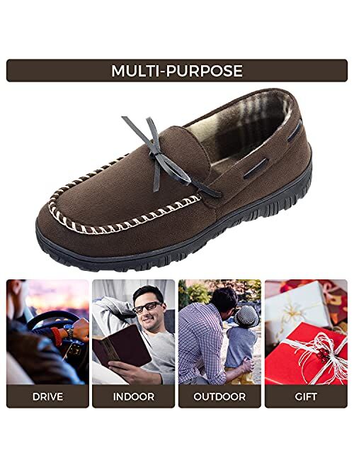 LseLom Mens Moccasin Slippers Indoor Outdoor Memory Foam Flannel Lined Cozy House Shoes With Arch Support