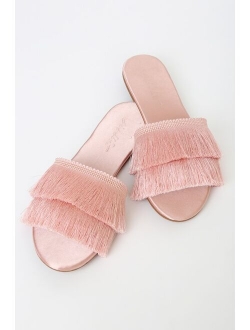 Maelie Light Nude Valentine Satin Fringe Slide Sandals