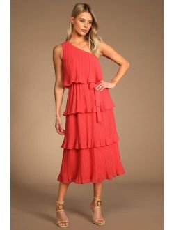 Vision of Spring Coral Plisse One-Shoulder Tiered Valentine Midi Dress