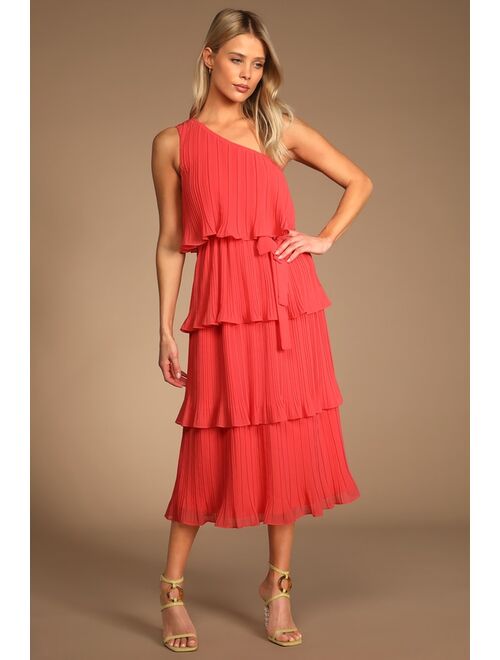 Lulus Vision of Spring Coral Plisse One-Shoulder Tiered Valentine Midi Dress