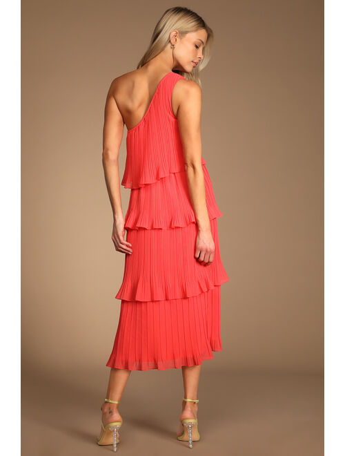 Lulus Vision of Spring Coral Plisse One-Shoulder Tiered Valentine Midi Dress