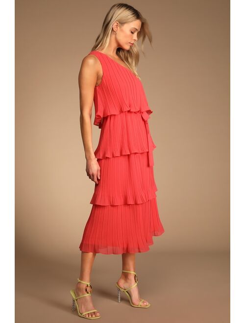 Lulus Vision of Spring Coral Plisse One-Shoulder Tiered Valentine Midi Dress