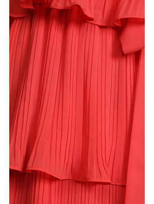 Lulus Vision of Spring Coral Plisse One-Shoulder Tiered Valentine Midi Dress