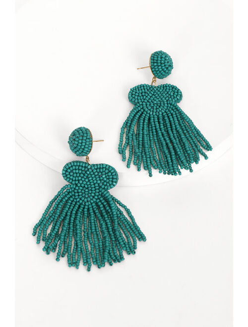 Lulus Bead the Fun Teal Valentine Green Beaded Fringe Earrings