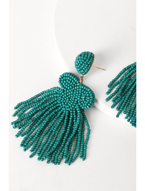 Lulus Bead the Fun Teal Valentine Green Beaded Fringe Earrings