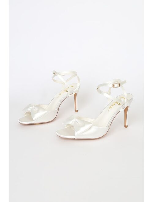 Lulus Recee White Satin Valentine Bow Ankle-Strap Heels