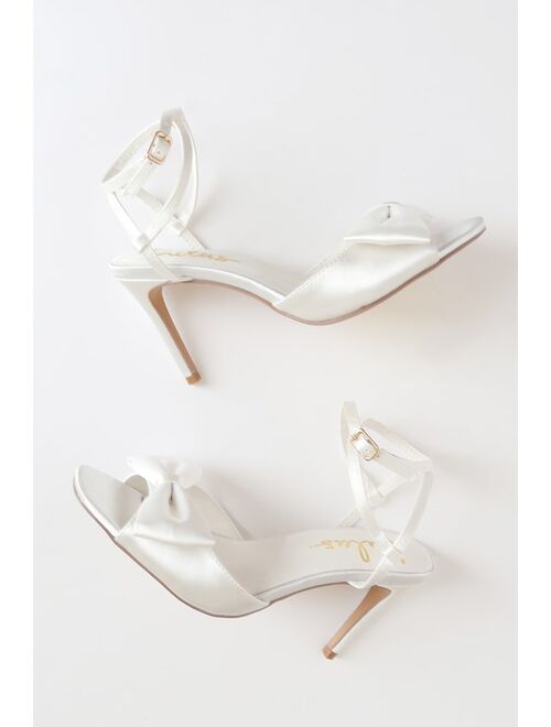 Lulus Recee White Satin Valentine Bow Ankle-Strap Heels