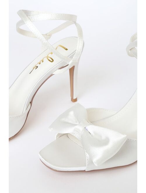 Lulus Recee White Satin Valentine Bow Ankle-Strap Heels