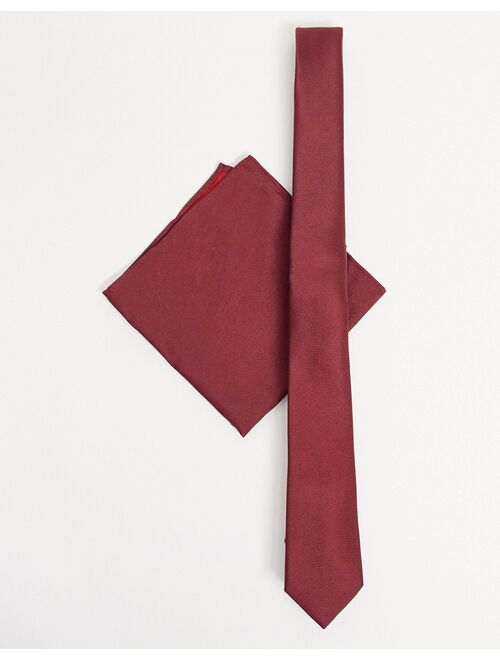 ASOS DESIGN satin slim tie & pocket square in burgundy