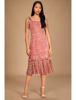 Terrace Views Mauve Pink Floral Print Tiered Valentine Midi Dress