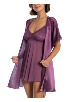 Linea Donatella Siren Satin Valentine Wrap Robe, Babydoll Nightgown & Thong Set