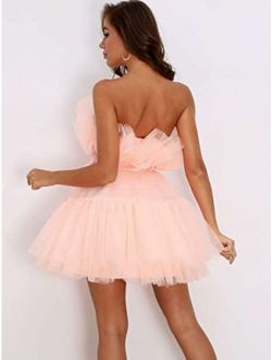 inToro Dresses Bow Front Layered Tube Tulle Dress (Color : Baby Pink, Size : S)