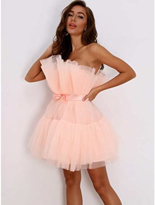 inToro Dresses Bow Front Layered Tube Tulle Dress (Color : Baby Pink, Size : S)