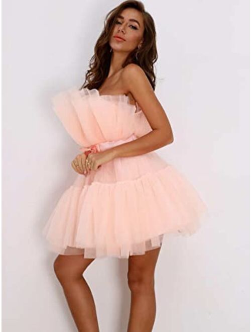 inToro Dresses Bow Front Layered Tube Tulle Dress (Color : Baby Pink, Size : S)