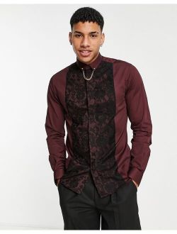 Twisted Tailor formal valentine skinny shirt in burgundy with lace panel