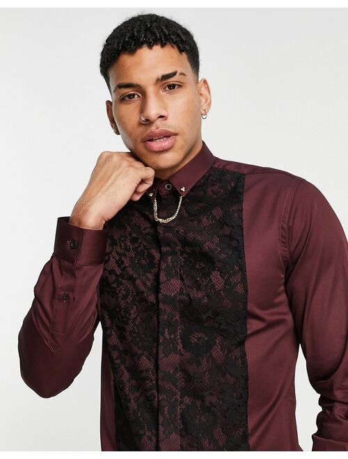 Twisted Tailor formal valentine skinny shirt in burgundy with lace panel