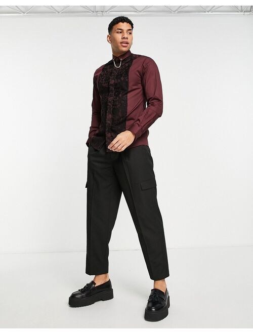 Twisted Tailor formal valentine skinny shirt in burgundy with lace panel