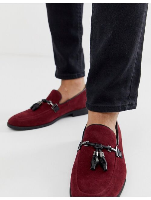 ASOS DESIGN valetine loafers in burgundy faux suede with tassel