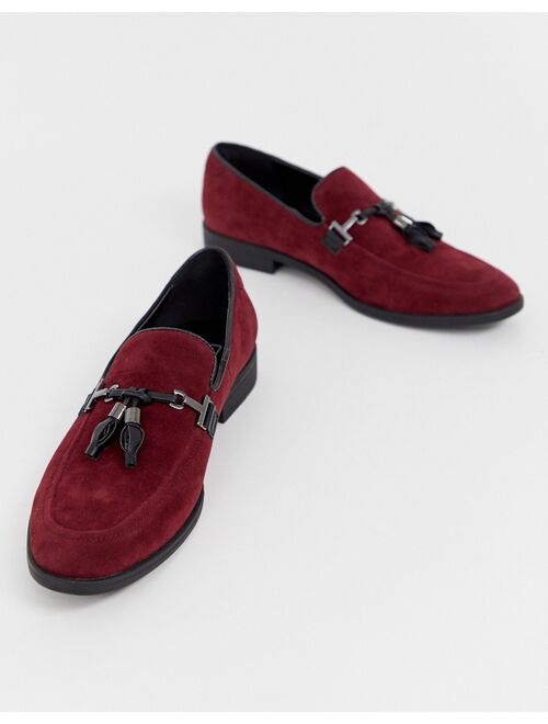 ASOS DESIGN valetine loafers in burgundy faux suede with tassel