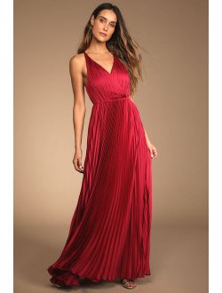 Make it Amazing Wine Red Valentine Pleated Satin Maxi Dress