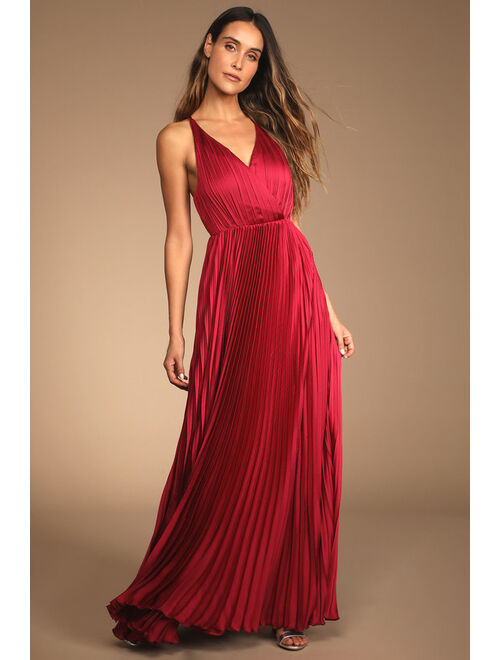 Lulus Make it Amazing Wine Red Valentine Pleated Satin Maxi Dress