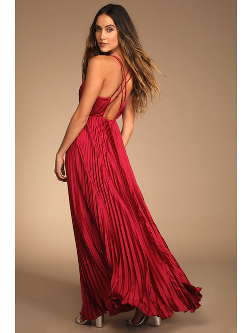 Lulus Make it Amazing Wine Red Valentine Pleated Satin Maxi Dress