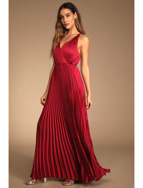 Lulus Make it Amazing Wine Red Valentine Pleated Satin Maxi Dress