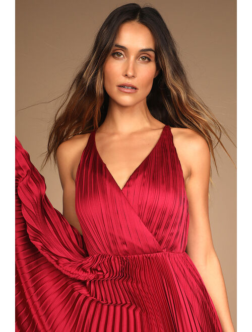 Lulus Make it Amazing Wine Red Valentine Pleated Satin Maxi Dress