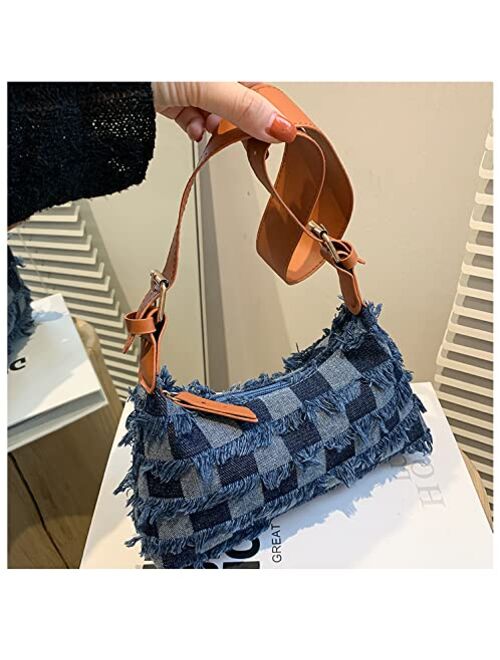 Zeho Denim Purse Blue Jean Bags Y2k Mini Purse with Tassel Fringed Cute Denim Bag Trendy Denim Handbag