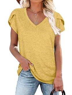 WIHOLL Womens Tops V Neck Summer Petal Sleeve Casual Tshirts