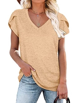 WIHOLL Womens Tops V Neck Summer Petal Sleeve Casual Tshirts