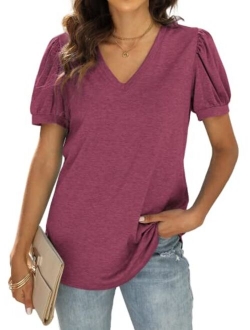 WIHOLL Womens Tops V Neck Summer Petal Sleeve Casual Tshirts