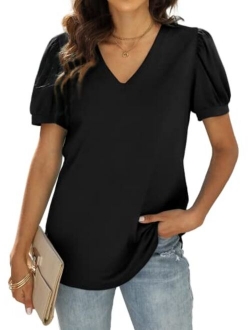 WIHOLL Womens Tops V Neck Summer Petal Sleeve Casual Tshirts