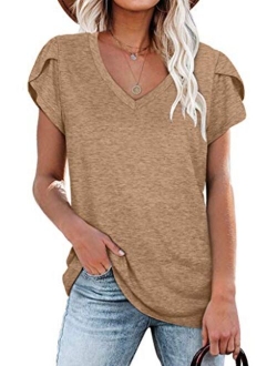 WIHOLL Womens Tops V Neck Summer Petal Sleeve Casual Tshirts