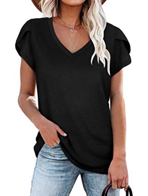 WIHOLL Womens Tops V Neck Summer Petal Sleeve Casual Tshirts