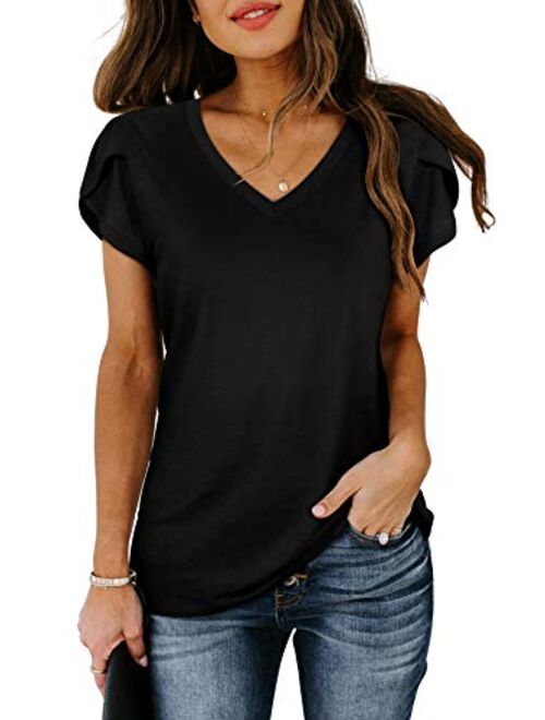 WIHOLL Womens Tops V Neck Summer Petal Sleeve Casual Tshirts