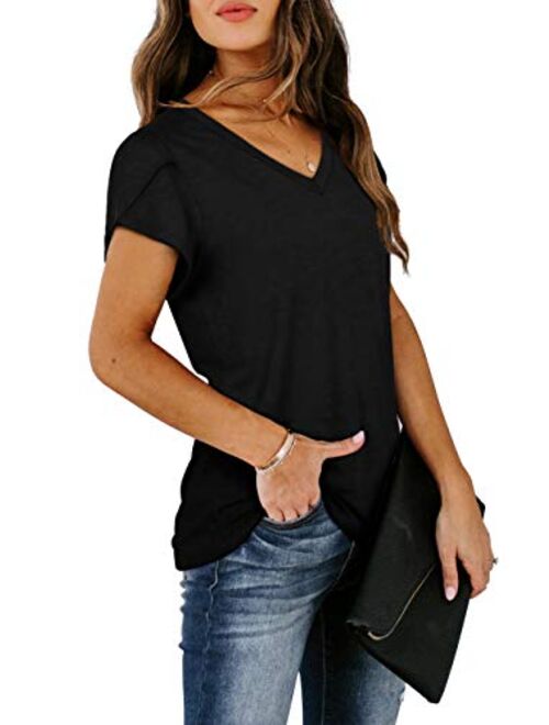 WIHOLL Womens Tops V Neck Summer Petal Sleeve Casual Tshirts