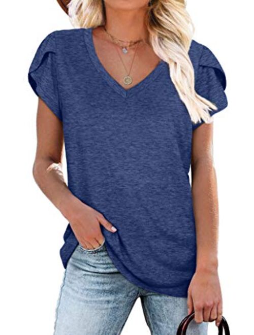 WIHOLL Womens Tops V Neck Summer Petal Sleeve Casual Tshirts