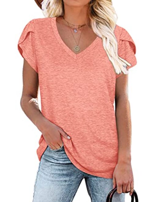 WIHOLL Womens Tops V Neck Summer Petal Sleeve Casual Tshirts