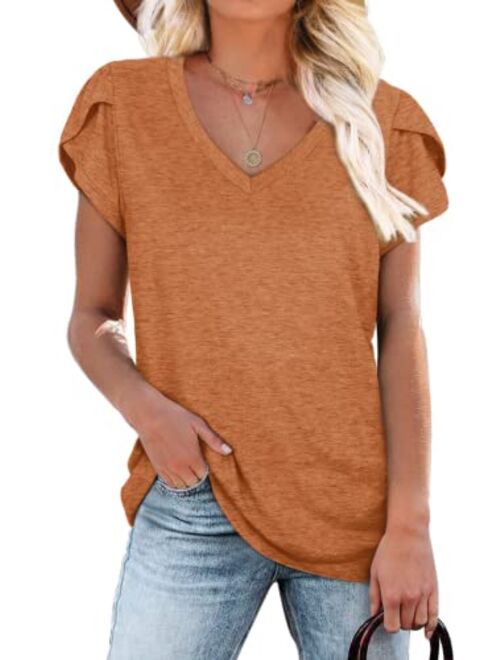 WIHOLL Womens Tops V Neck Summer Petal Sleeve Casual Tshirts