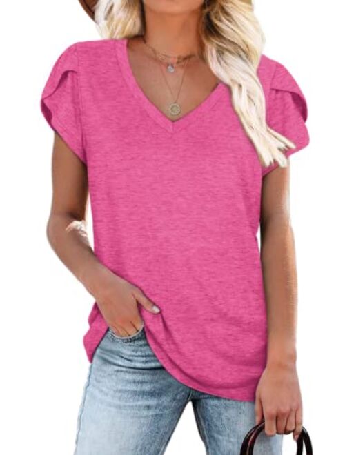 WIHOLL Womens Tops V Neck Summer Petal Sleeve Casual Tshirts