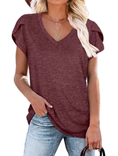 WIHOLL Womens Tops V Neck Summer Petal Sleeve Casual Tshirts