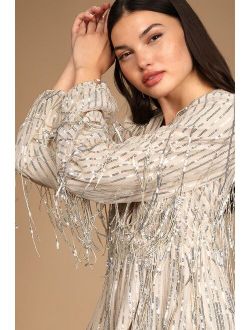 Dazzling Find Champagne Valentine Sequin Fringe Long Sleeve Top