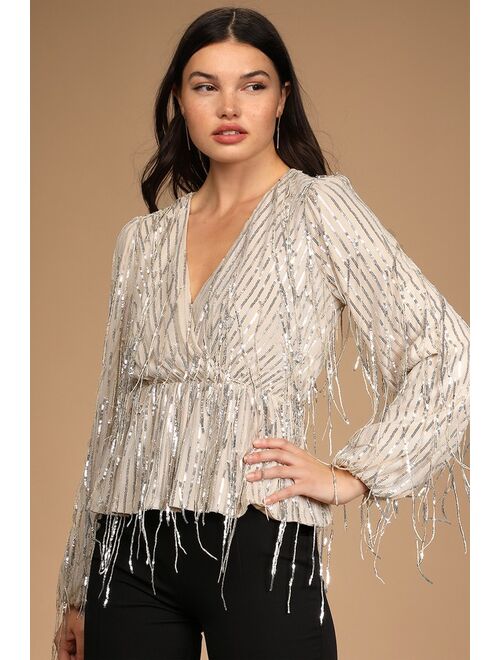 Lulus Dazzling Find Champagne Valentine Sequin Fringe Long Sleeve Top