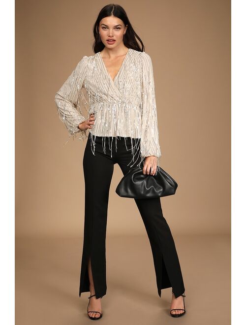 Lulus Dazzling Find Champagne Valentine Sequin Fringe Long Sleeve Top