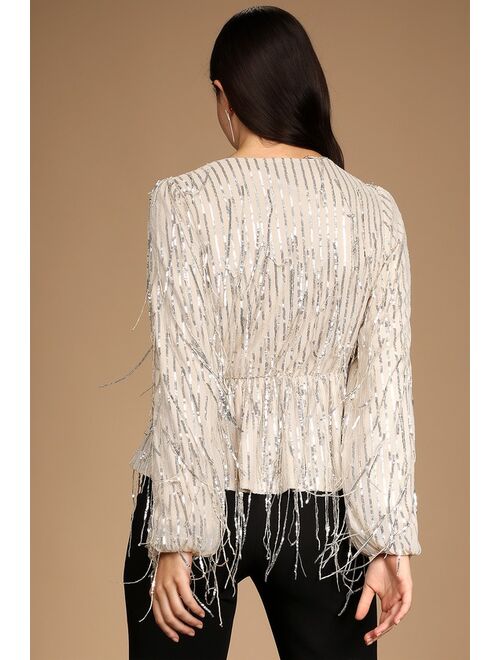 Lulus Dazzling Find Champagne Valentine Sequin Fringe Long Sleeve Top