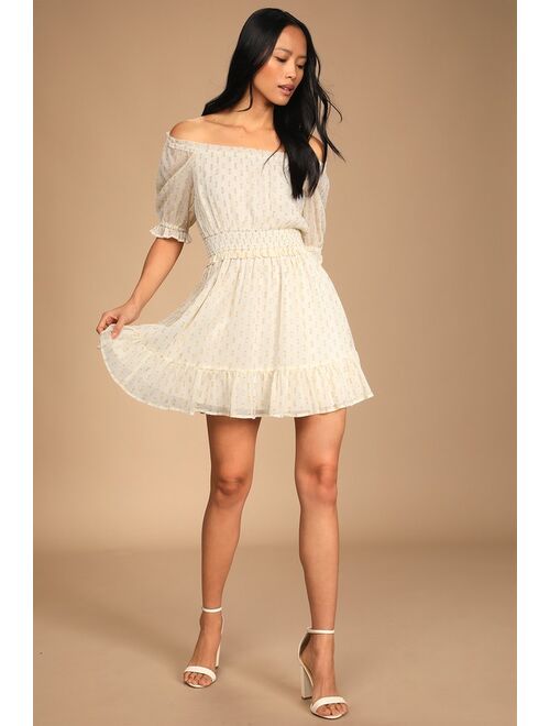 Lulus Touch of Glam White Dotted Off-the-Shoulder Valentine Mini Dress